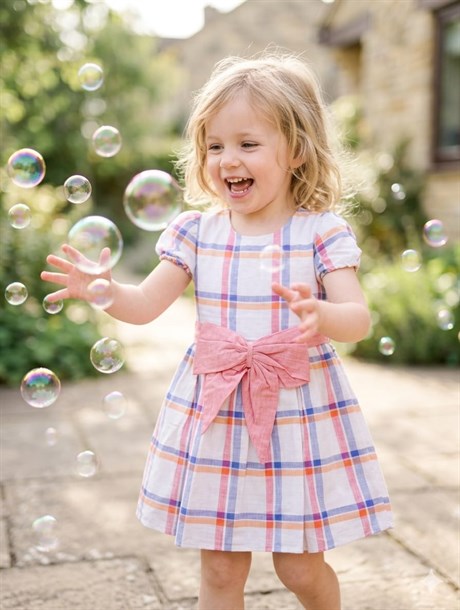 Kız Çocuk Fiyonk Detaylı Ekose Desenli Elbise