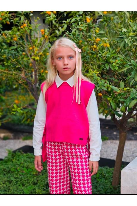 Kız Çocuk Kahverengi Triko Süveter Beyaz Gömlek Kazayağı Model Pantolon 3'lü Takım Pembe 6 Yaş