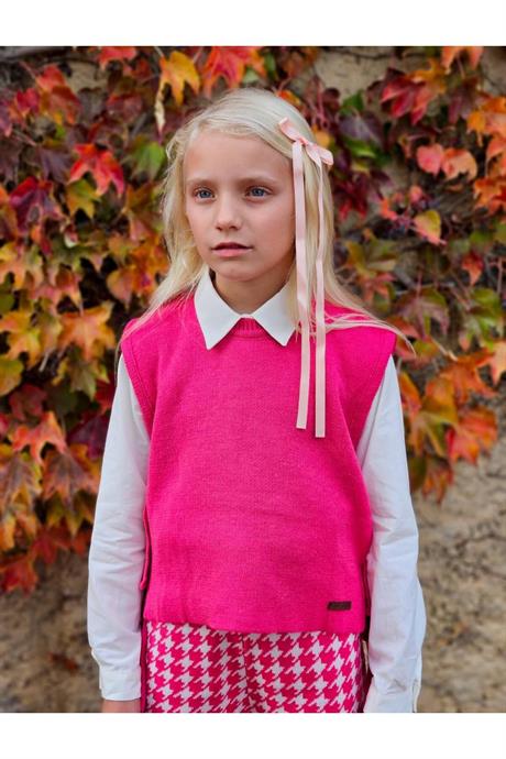 Kız Çocuk Kahverengi Triko Süveter Beyaz Gömlek Kazayağı Model Pantolon 3'lü Takım Pembe 6 Yaş