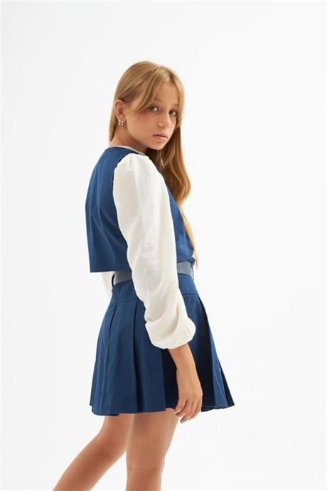 Kız Çocuk Gabardin Yelek İpli Gömlek Pileli Etek ve Gold Tokalı Kemer 4'lü Takım Lacivert 6 Yaş