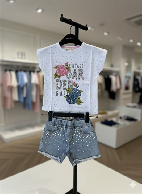 Kız Çocuk Garden Model Puanlı T-shırt Incili Kot Şort Ikili Takım