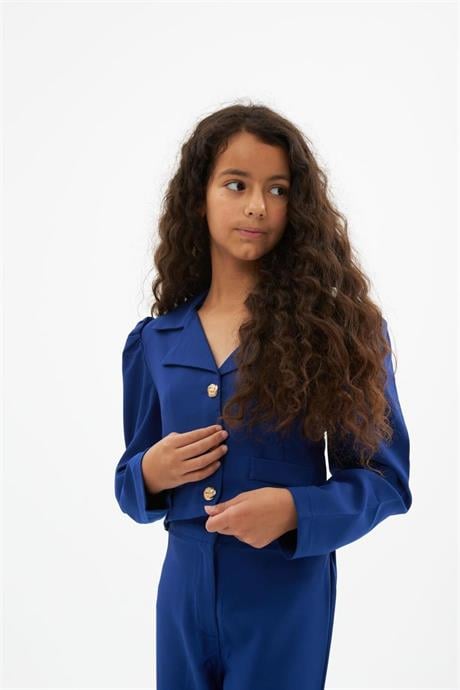 Kız Çocuk Gold Düğme Deaylı Süs Cepli Crop Ceket Geniş Paça Pantolon 2'li Takım Saks 8 Yaş