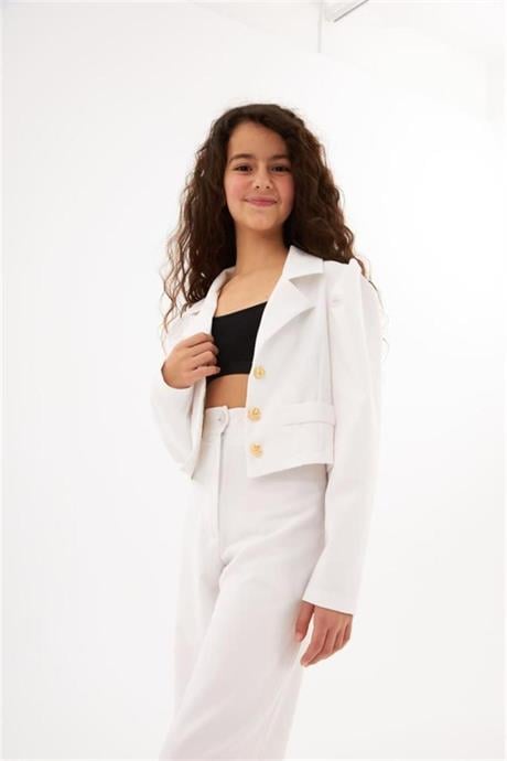 Kız Çocuk Gold Düğme Deaylı Süs Cepli Crop Ceket Geniş Paça Pantolon 2'li Takım Beyaz 12 Yaş