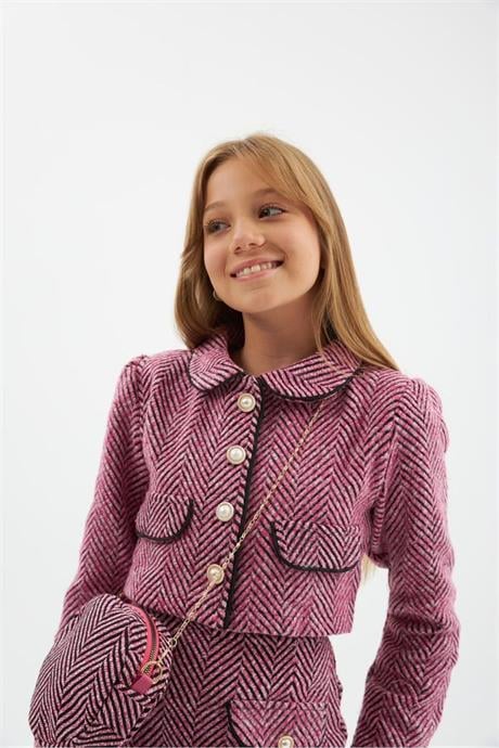 Kız Çocuk Gold Düğme ve Şeritli Biye Detaylı Crop Ceket Etek Zincir Askılı Çanta 3'lü Takım Pembe 4 Yaş