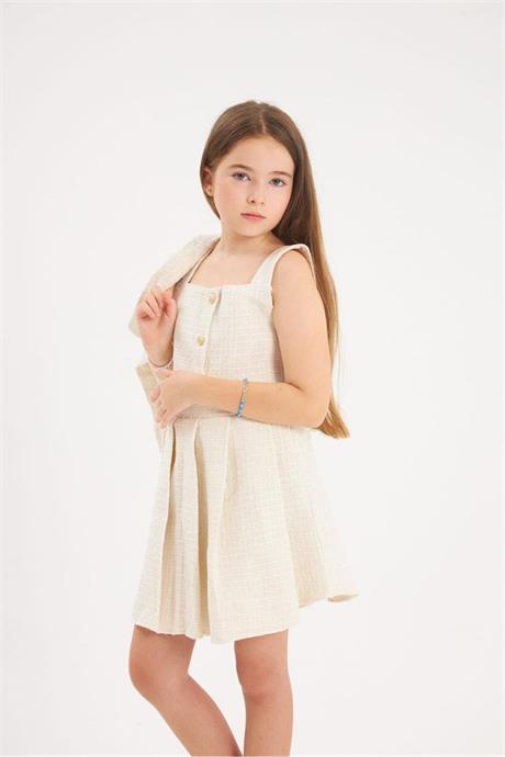 Kız Çocuk Gold Düğmeli Ceket Kalın Askılı Crop Pileli Etek Takım Beyaz 8 Yaş