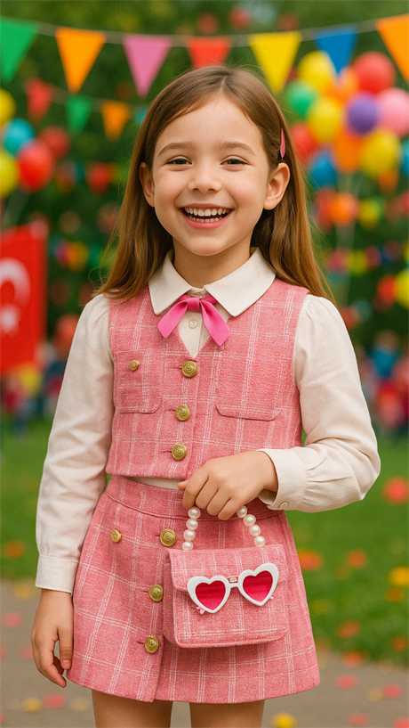 Kız Çocuk Gri Yelek Etek Beyaz Gömlek 3'lü Takım Pudra 8 Yaş