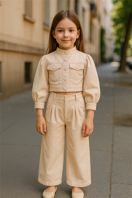 Kız Çocuk Hakim Yakalı Balon Kollu Astarlı Crop Ceket Pens Detaylı Harem Pantolon 2'li Takım Krem 6 Yaş