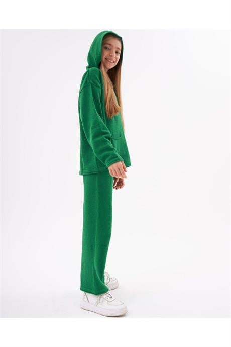 Kız Çocuk Kapüşonlu Cepli Sweatshirt Triko Pantolon 2'li Takım Yeşil 10 Yaş