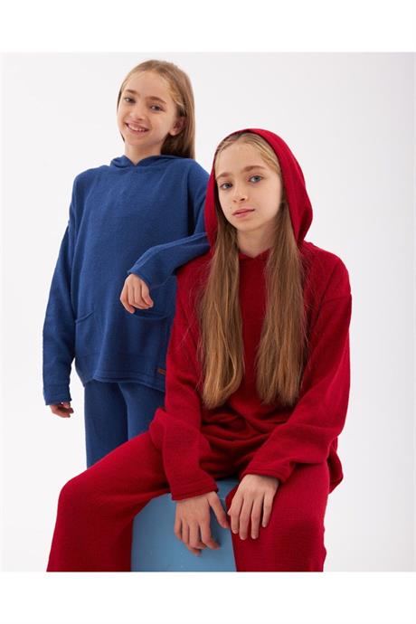 Kız Çocuk Kapüşonlu Cepli Sweatshirt Triko Pantolon 2'li Takım Saks 4 Yaş