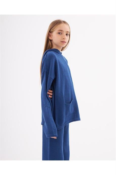 Kız Çocuk Kapüşonlu Cepli Sweatshirt Triko Pantolon 2'li Takım Saks 12 Yaş
