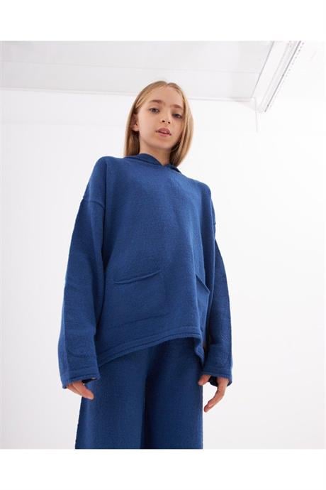Kız Çocuk Kapüşonlu Cepli Sweatshirt Triko Pantolon 2'li Takım Saks 4 Yaş