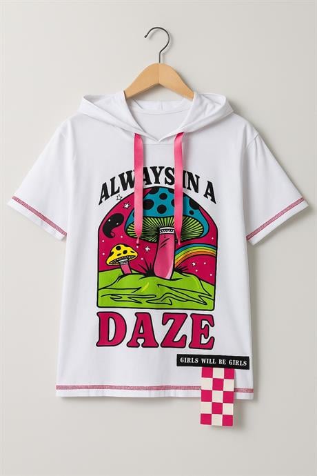 Kız Çocuk Kapüşonlu Mantar Baskılı Tişört Pembe 4 yaş