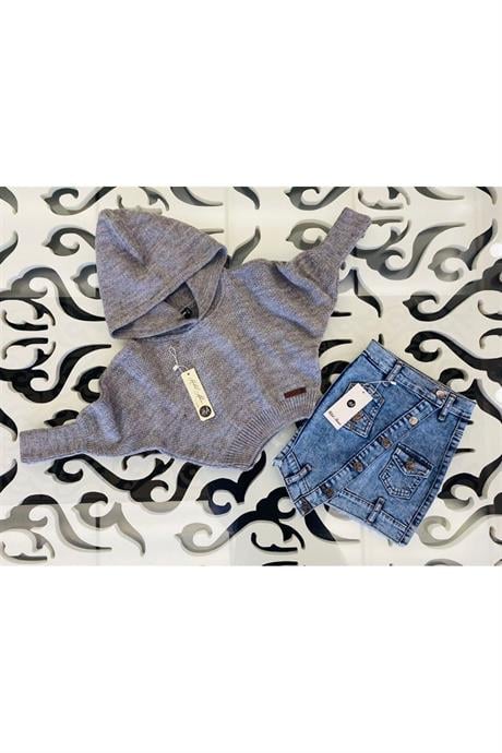Kız Çocuk Kapüşonlu Triko Sweatshirt Asimetrik Kesim Kot Etek 2'li Takım Gri 6 Yaş