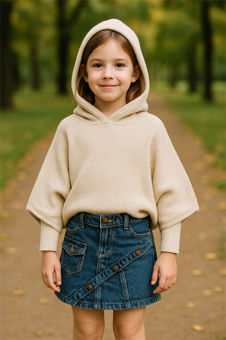 Kız Çocuk Kapüşonlu Triko Sweatshirt Asimetrik Kesim Kot Etek 2'li Takım Beyaz 12 Yaş