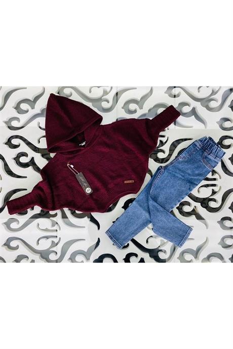 Kız Çocuk Kapüşonlu Triko Sweatshirt Kot Pantolon 2'li Takım