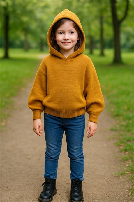 Kız Çocuk Kapüşonlu Triko Sweatshirt Kot Pantolon 2'li Takım Hardal 10 Yaş