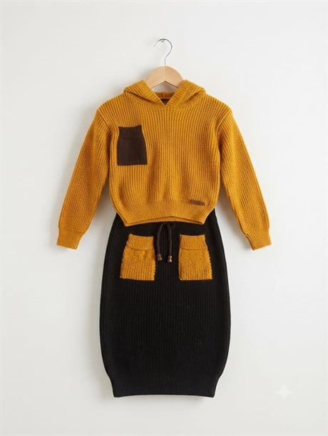 Kız Çocuk Kapüşonlu Triko Sweatshirt Renkli Cepli Etek 2'lü Takım