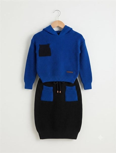 Kız Çocuk Kapüşonlu Triko Sweatshirt Renkli Cepli Etek 2'lü Takım