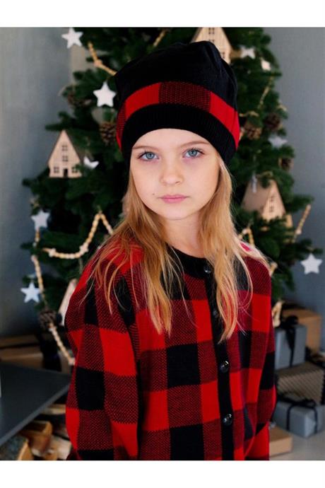 Kız Çocuk Kareli Düğmeli Hırka Triko Etek Bere 3'lü Takım KIRMIZI 4 Yaş