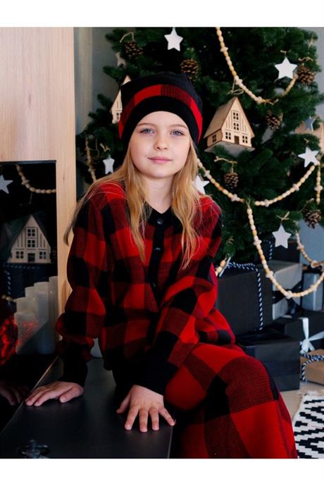 Kız Çocuk Kareli Düğmeli Hırka Triko Etek Bere 3'lü Takım KIRMIZI 4 Yaş