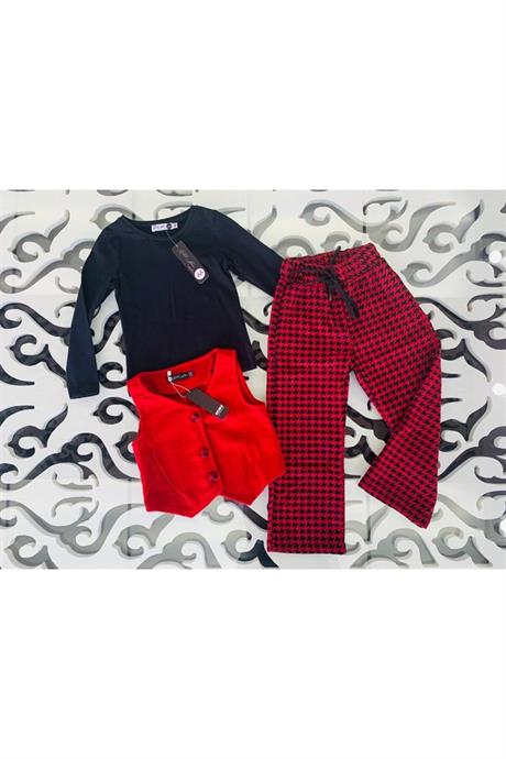 Kız Çocuk Kaşe Yelek Siyah Badi Kazayağı Model Pantolon Üçlü Takım KIRMIZI 10 Yaş
