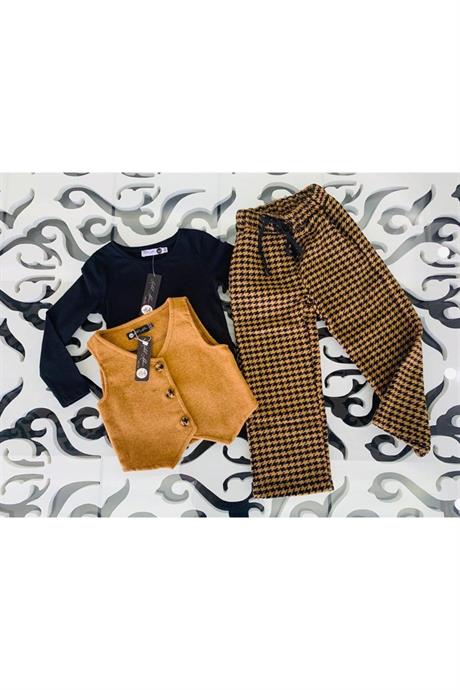 Kız Çocuk Kaşe Yelek Siyah Badi Kazayağı Model Pantolon Üçlü Takım HARDAL 12 Yaş