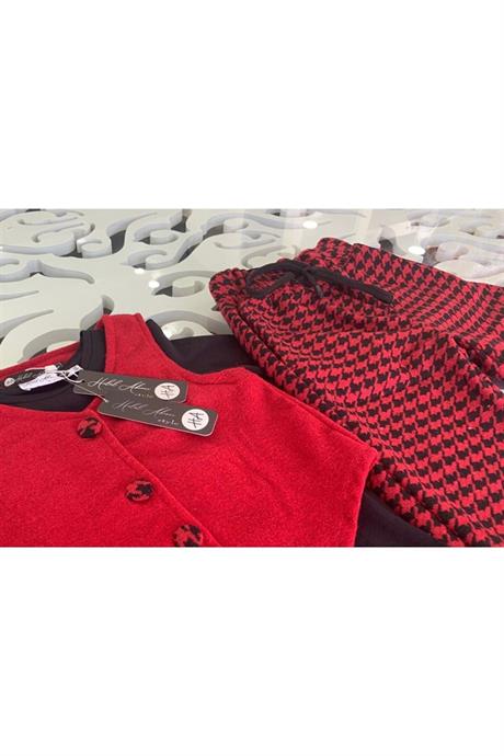 Kız Çocuk Kaşe Yelek Siyah Badi Kazayağı Model Pantolon Üçlü Takım KIRMIZI 14 Yaş