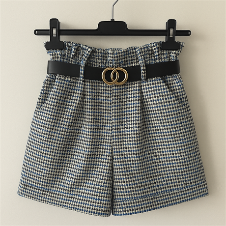 Kız Çocuk Kazayağı Desenli Yüksek Belli Şort Ve Kemer Mavi 4 Yaş