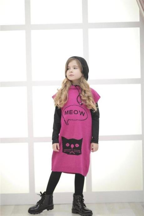 Kız Çocuk Kedi Model Triko Elbise Badi Çorap Üçlü Takım PEMBE 10 Yaş
