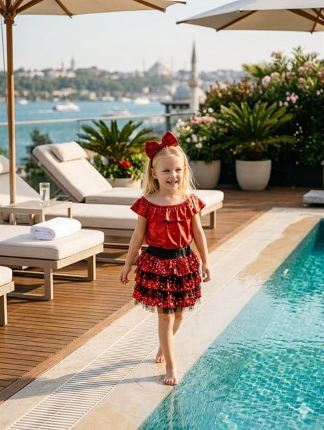 Kız Çocuk Kırmızı Payetli Kat Kat Tütü Etekli ve Madona Yaka Bluz 2`lİ Takım