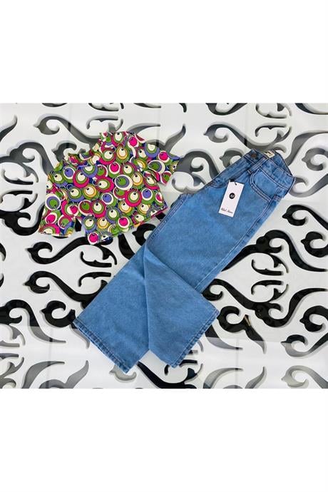 Kız Çocuk Kısa Kollu Desenli Body Geniş Paça Kot Pantolon 2'li Takım Yeşil 8 Yaş