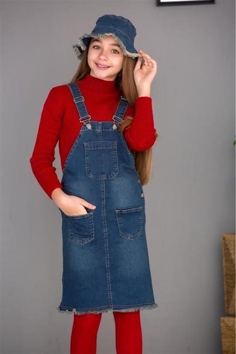 Kız Çocuk Kot Salopet Yarım Balıkçı Yaka Kazak  3'lü Takım Kırmızı 6 Yaş