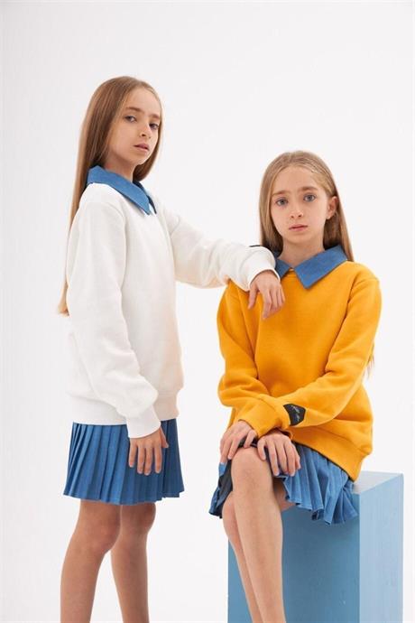Kız Çocuk Kot Yakalı Şardonlu Sweatshirt Piliseli Kot Etek 2'li Takım