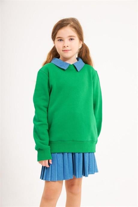Kız Çocuk Kot Yakalı Şardonlu Sweatshirt Piliseli Kot Etek 2'li Takım Yeşil 14 Yaş
