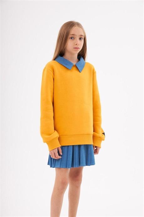 Kız Çocuk Kot Yakalı Şardonlu Sweatshirt Piliseli Kot Etek 2'li Takım Hardal 14 Yaş