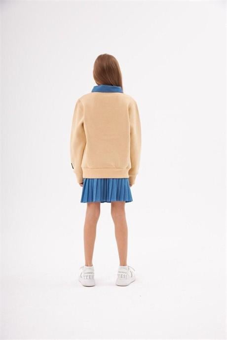 Kız Çocuk Kot Yakalı Şardonlu Sweatshirt Piliseli Kot Etek 2'li Takım Krem 12 Yaş