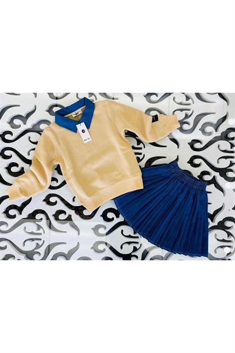 Kız Çocuk Kot Yakalı Şardonlu Sweatshirt Piliseli Kot Etek 2'li Takım