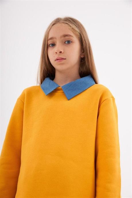 Kız Çocuk Kot Yakalı Şardonlu Sweatshirt Piliseli Kot Etek 2'li Takım Hardal 14 Yaş