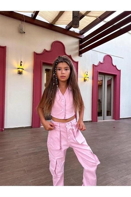 Kız Çocuk Kot Yelek Beyaz Body Kargo Cepli Pantolon 3'lü Takım Pembe 8 Yaş