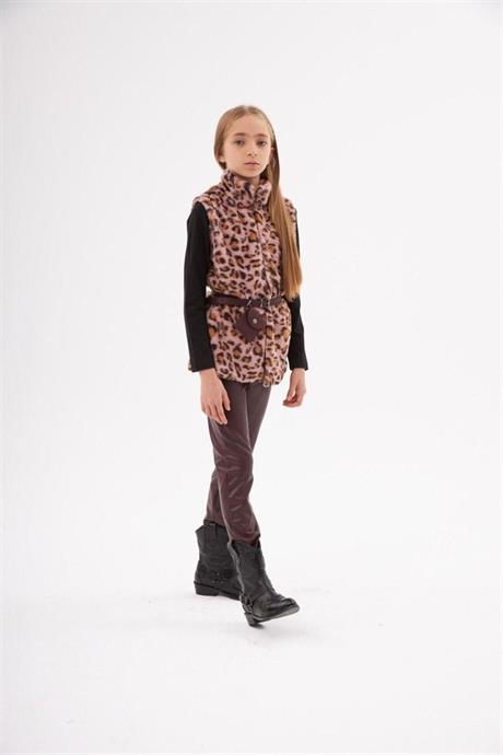 Kız Çocuk Leopar Model Peluş Yelek Siyah Badi Içi Kadife Likralı Tayt Bel Çantası 4'lü Takım
