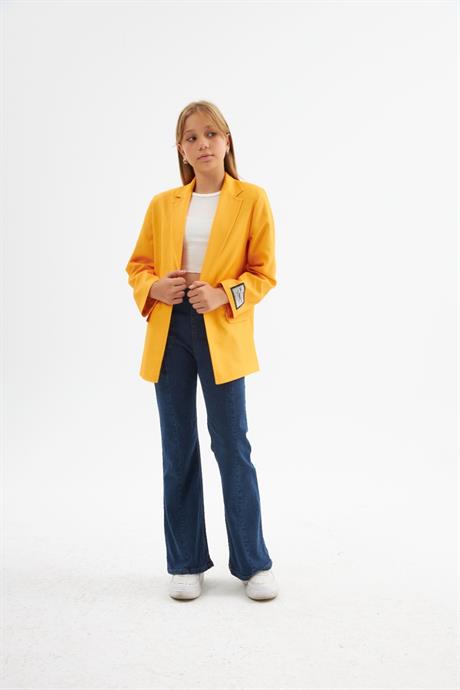 Kız Çocuk Logo Detaylı Düz Renk Blazer Ceket Düğmeli Geniş Paça Kot Pantolon 2'li Takım Hardal 14 Yaş