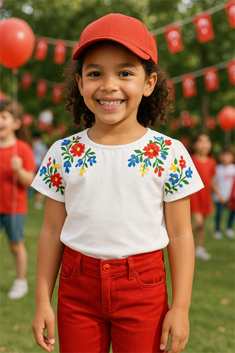 Kız Çocuk Nakış Detaylı Beyaz Bluz Renkli Pantolon 2'li Takım Turuncu 8 Yaş