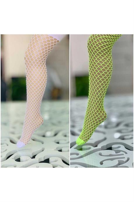Kız Çocuk Neon File Külotlu Çorap Ikili Takım BEYAZ VE YEŞİL 4 Yaş