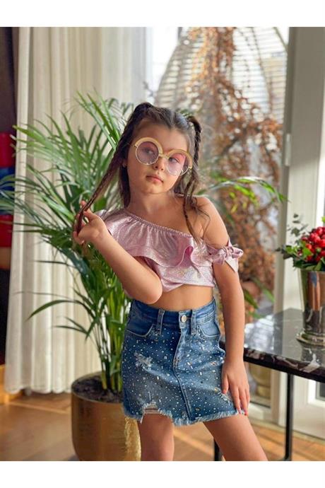 Kız Çocuk Nokta Simli Tek Omuz Bluz Taş Detaylı Kot Etek Ikili Takım PEMBE 4 Yaş