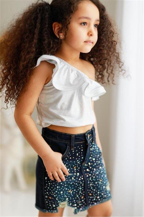 Kız Çocuk Nokta Simli Tek Omuz Bluz Taş Detaylı Kot Etek Ikili Takım BEYAZ 8 Yaş