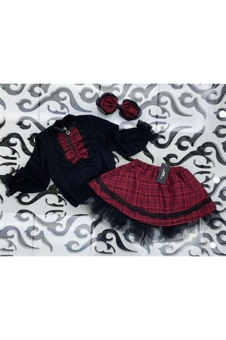 Kız Çocuk Parça Detaylı Siyah Bluz Ekose Desenli Etek Toka 3'lü Takım