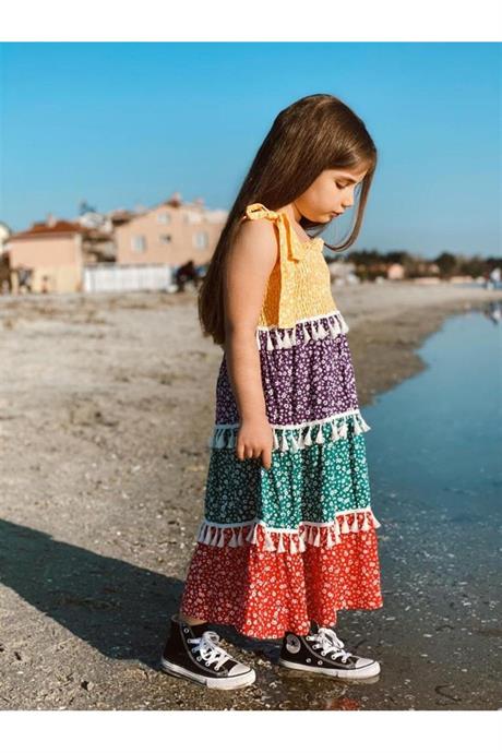 Kız Çocuk Parçalı Renkli Ispanyol Model Elbise SARI 12 Yaş