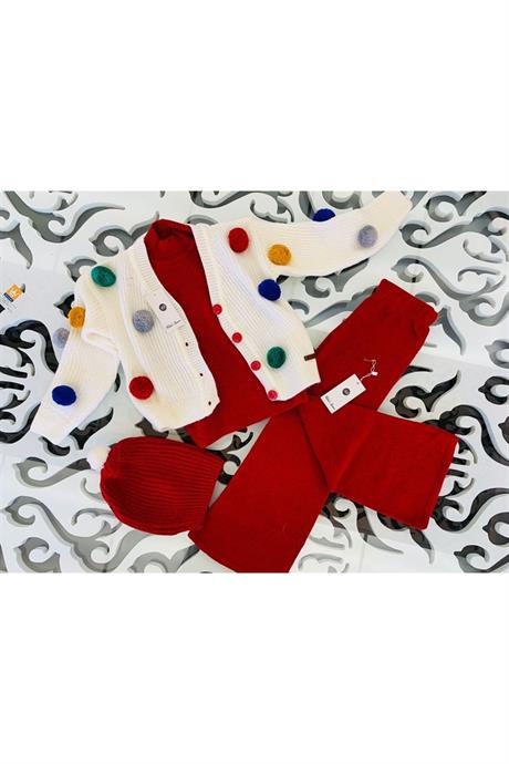 Kız Çocuk Ponponlu Beyaz Triko Hırka Kolsuz Iç Badi Triko Pantolon Bere 4'lü Takım KIRMIZI 4 Yaş