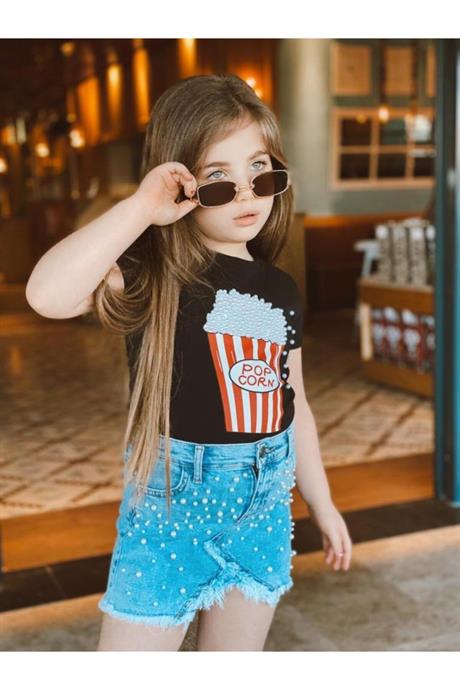 Kız Çocuk Pop Corn Baskılı Bluz Kot Etek Ikili Takım SİYAH 10 Yaş
