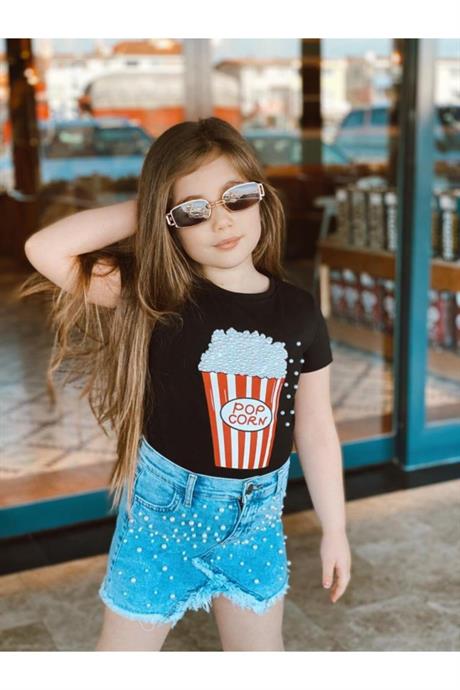 Kız Çocuk Pop Corn Baskılı Bluz Kot Etek Ikili Takım SİYAH 8 Yaş
